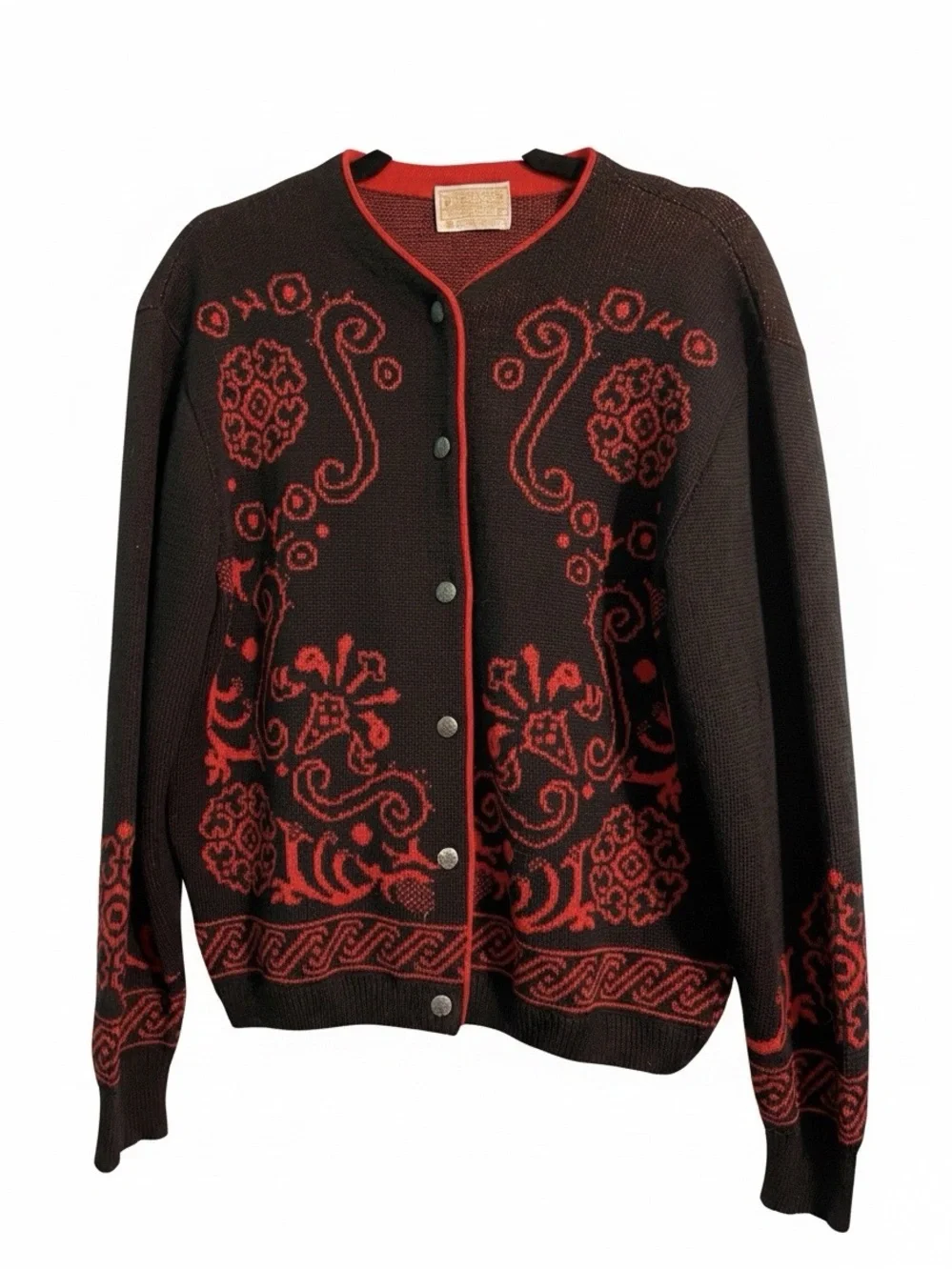 Pendleton Vintage 70’s-80’s Red & Black Button 100% Virgin Wool Cardigan-Large